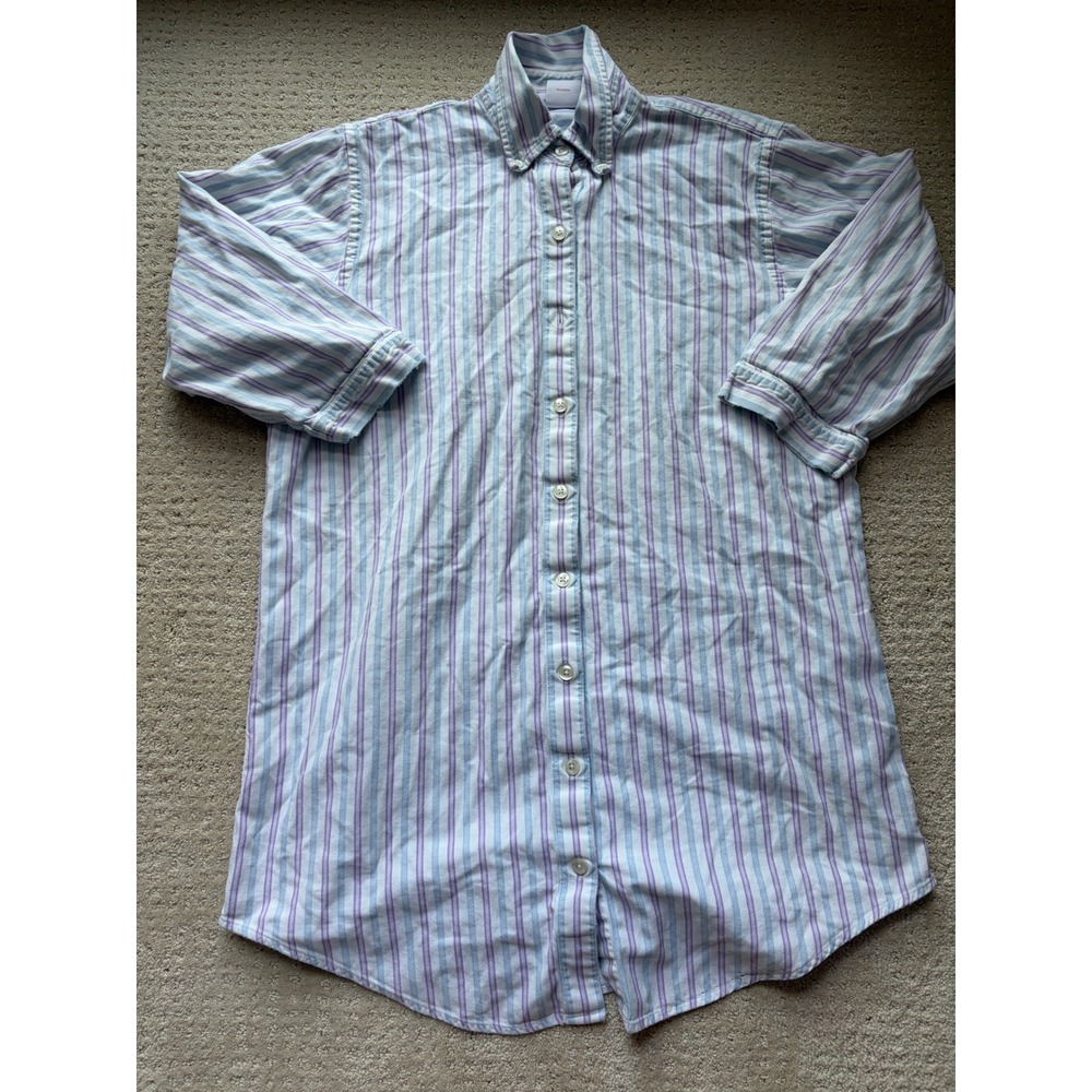 Brooks Brothers Night Shirt M White Purple Stripe Cotton Preppy *Missing Button*